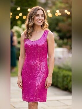 Vintage Electric Pink Silk Sequin Cocktail Dress • 80s Glam + Matching Purse